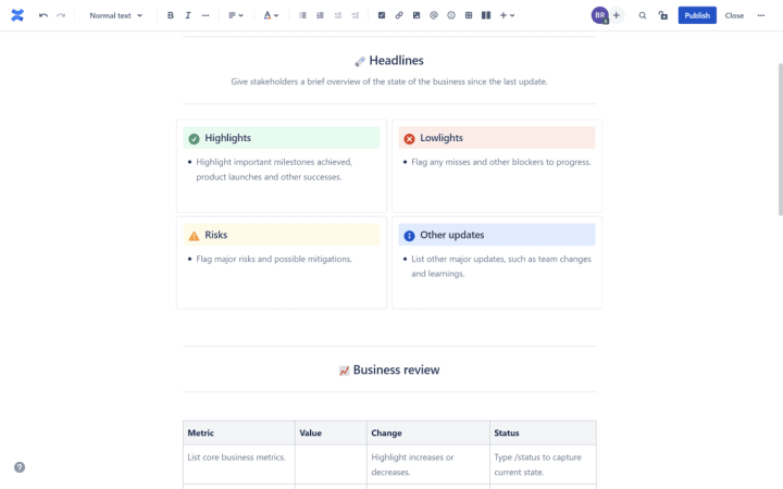 Confluence Business Status Update Template