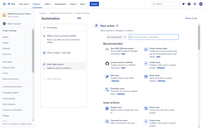 Jira Service Management Automation Actions