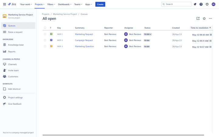 Jira Service Management Project View